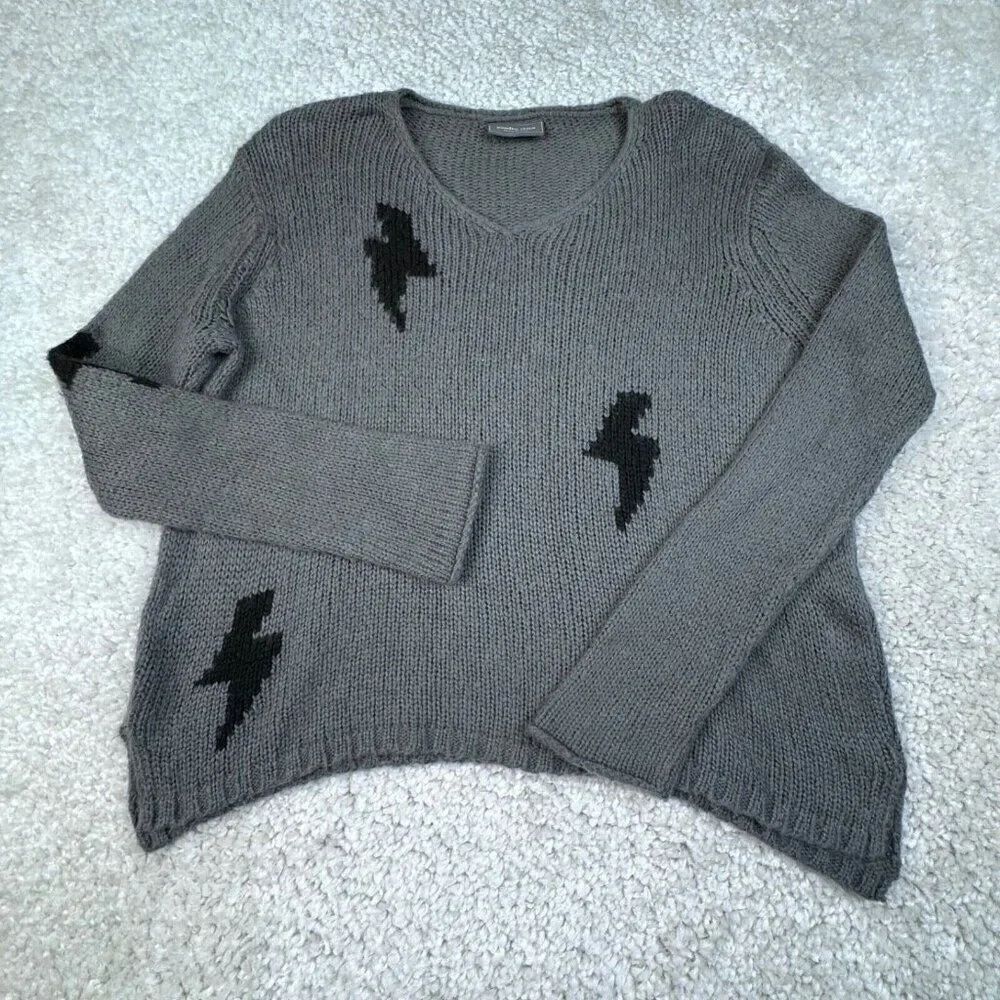 Wooden Ships Wool V Neck Lighting Bolt Sweater Gray Black S/M